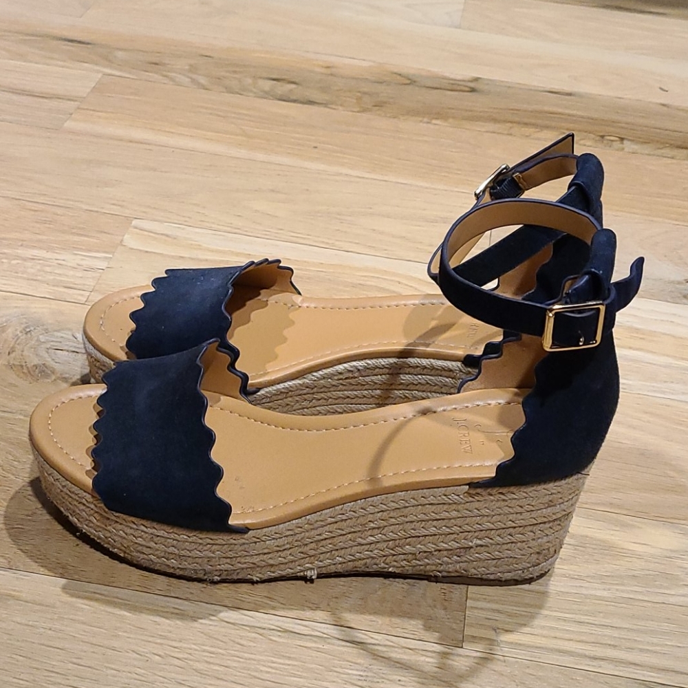 Navy blue suede wedge sandals
